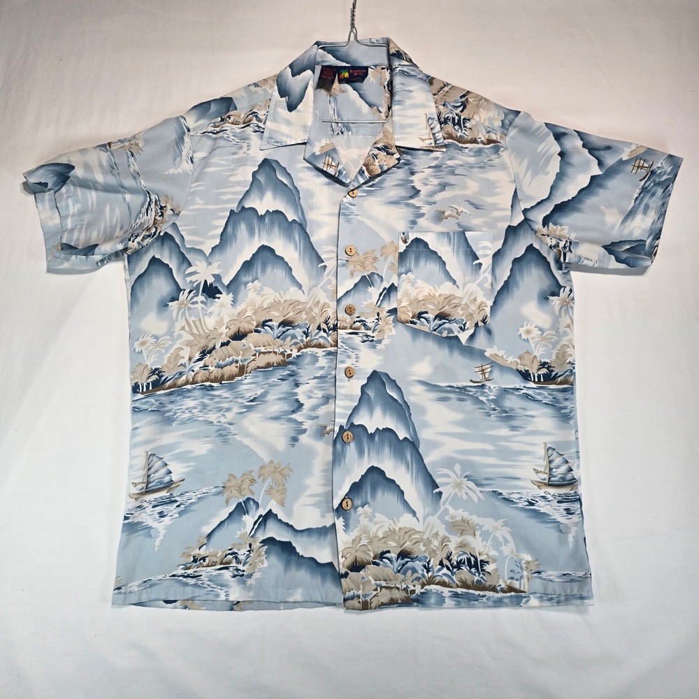 Roundy Bay Mens Large Blue Tropical Island Scenic Print Short Sleeve Shirt